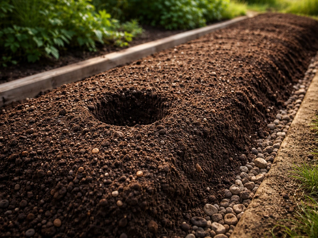 Close-up of a raised berm bed with mounded, well-draining soil and a planting hole for dahlias in direct sun.