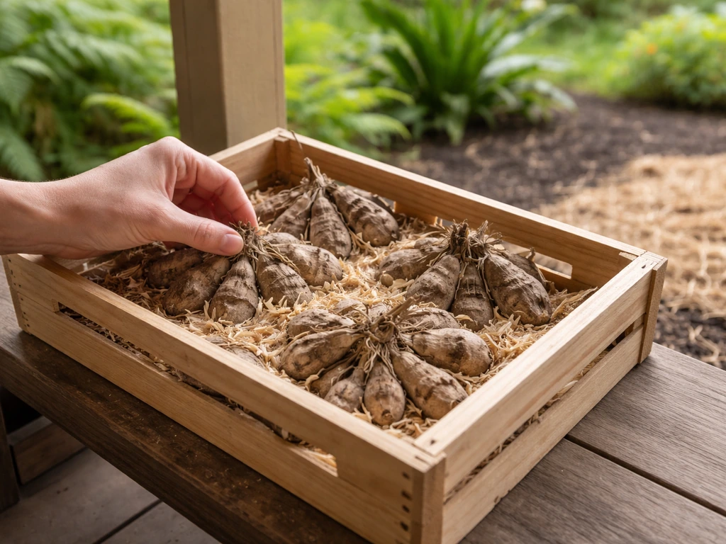 Dahlia tubers in a dry, ventilated box outdoors on a sheltered porch in Hawaii