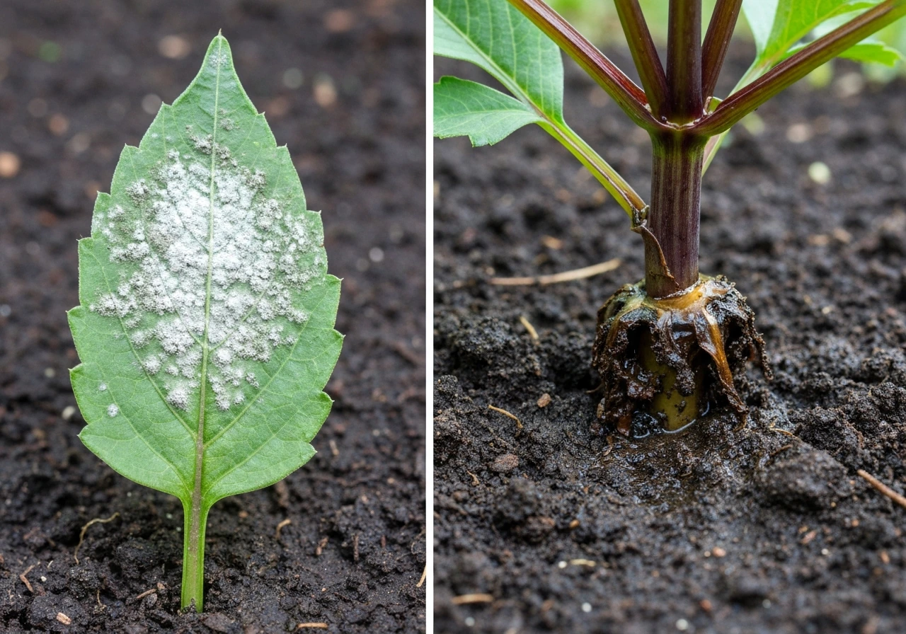Dahlia leaves with white powdery mildew and a soil-line view of root/crown rot on a plant.