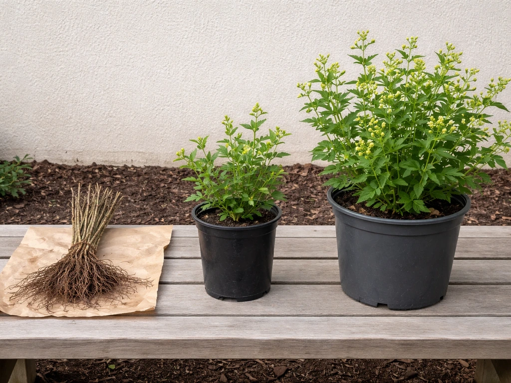 Three honeysuckle plants—bare-root canes, a 1-gallon potted plant, and a larger container—on a garden bench.