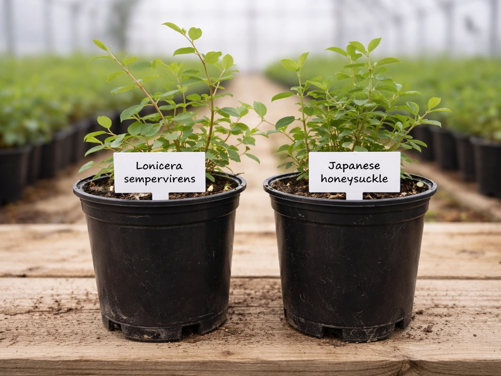 Two honeysuckle plants in separate pots—one native and one non-native—side by side in a nursery setting.