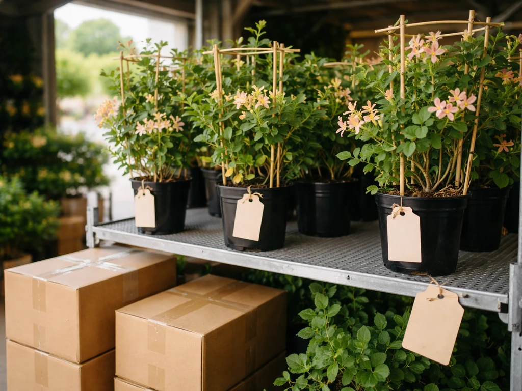 Potted honeysuckle plants on a garden center shelf with nearby boxed shipping items and price tags