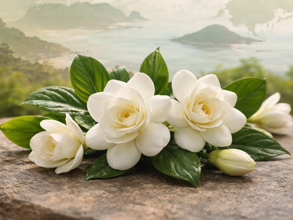 Gardenia blossoms with a minimal East and Southeast Asia backdrop, suggesting native origins
