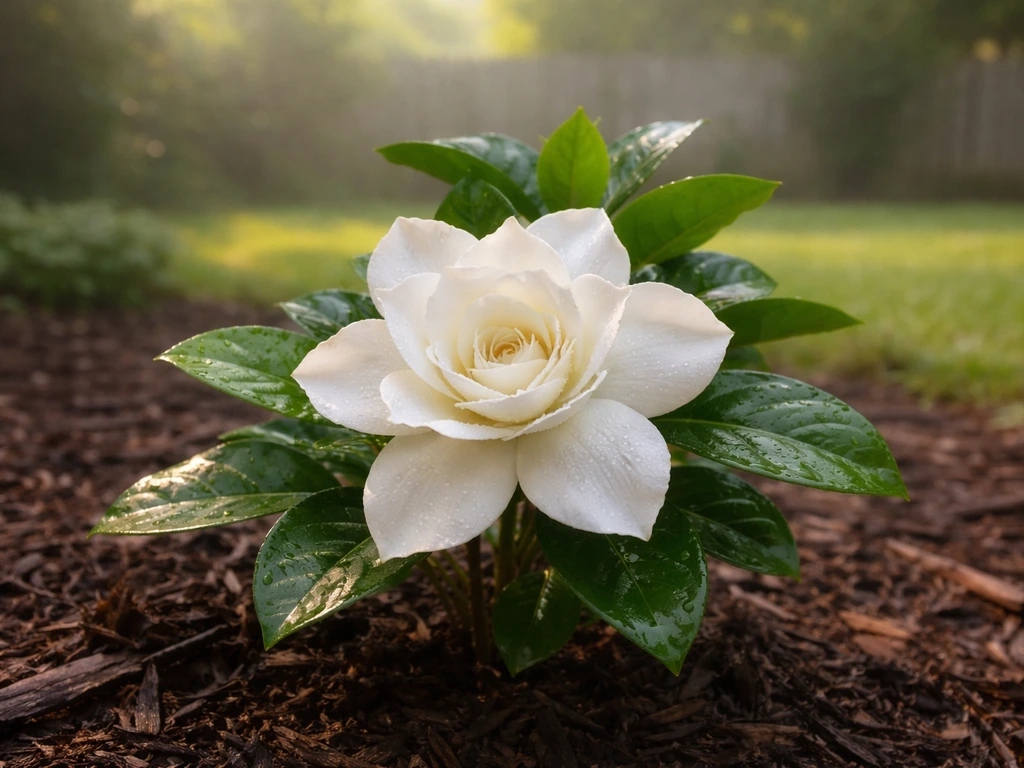Close-up of a gardenia bloom in a mulched Deep South yard, lush humid summer atmosphere.
