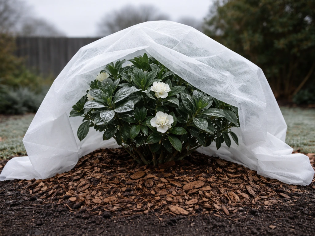 Gardenia plant protected with mulch and frost cloth in a cool winter backyard garden bed.
