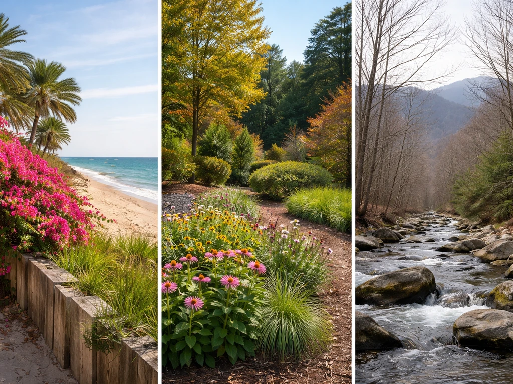 Coastal, Piedmont, and mountain landscapes of North Carolina hint where bougainvillea can survive.