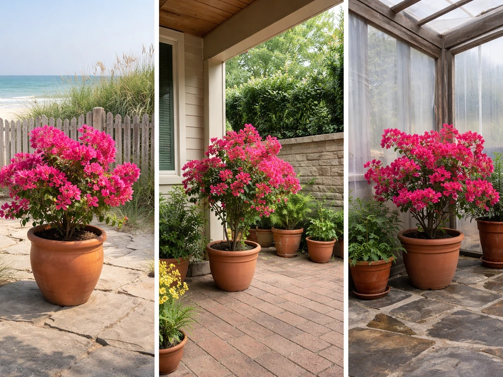 Side-by-side coastal, Piedmont, and mountain garden setups featuring bougainvillea in containers and a sheltered overwin