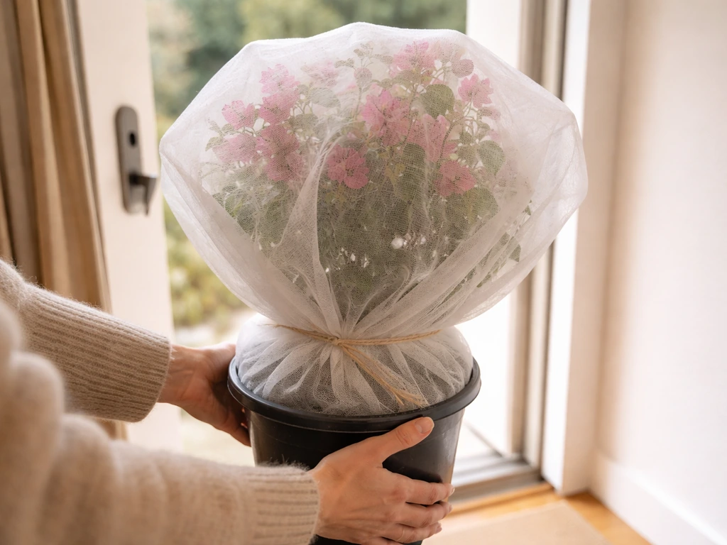 Bougainvillea in a pot covered with frost cloth as it’s brought indoors before a cold snap.