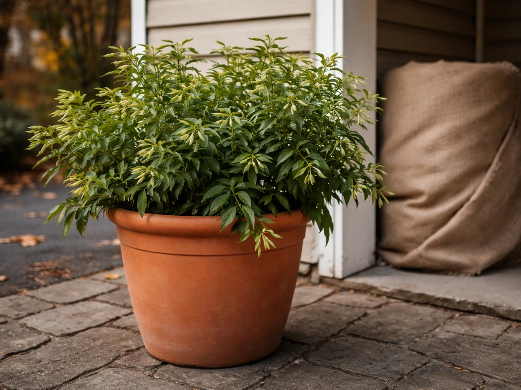 Night-blooming jasmine in a large pot on a patio, placed near a wall for winter protection