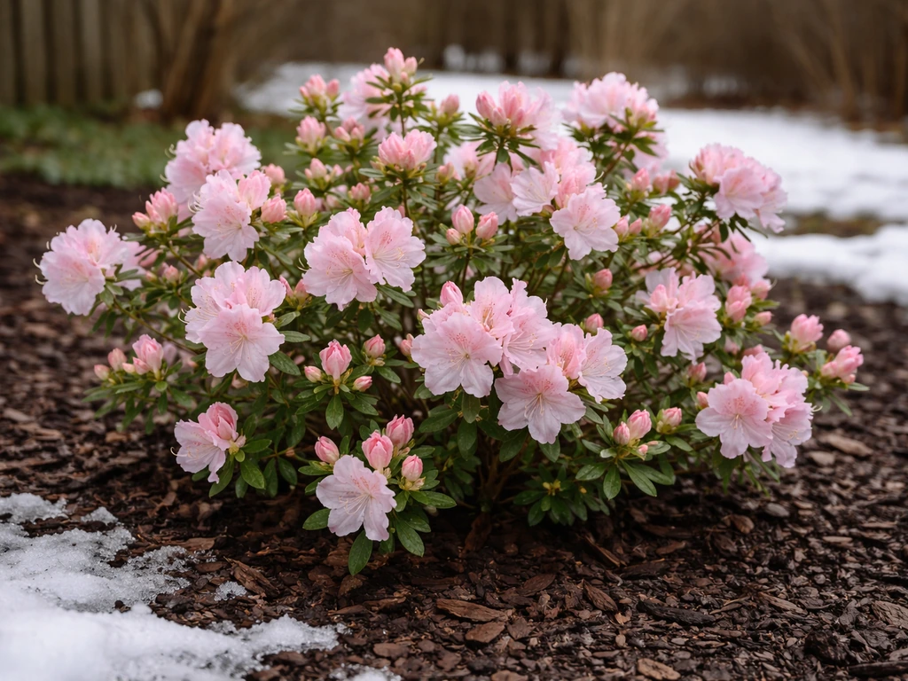 Pink azalea blooming in an Ontario backyard garden bed with a little snow in the background.