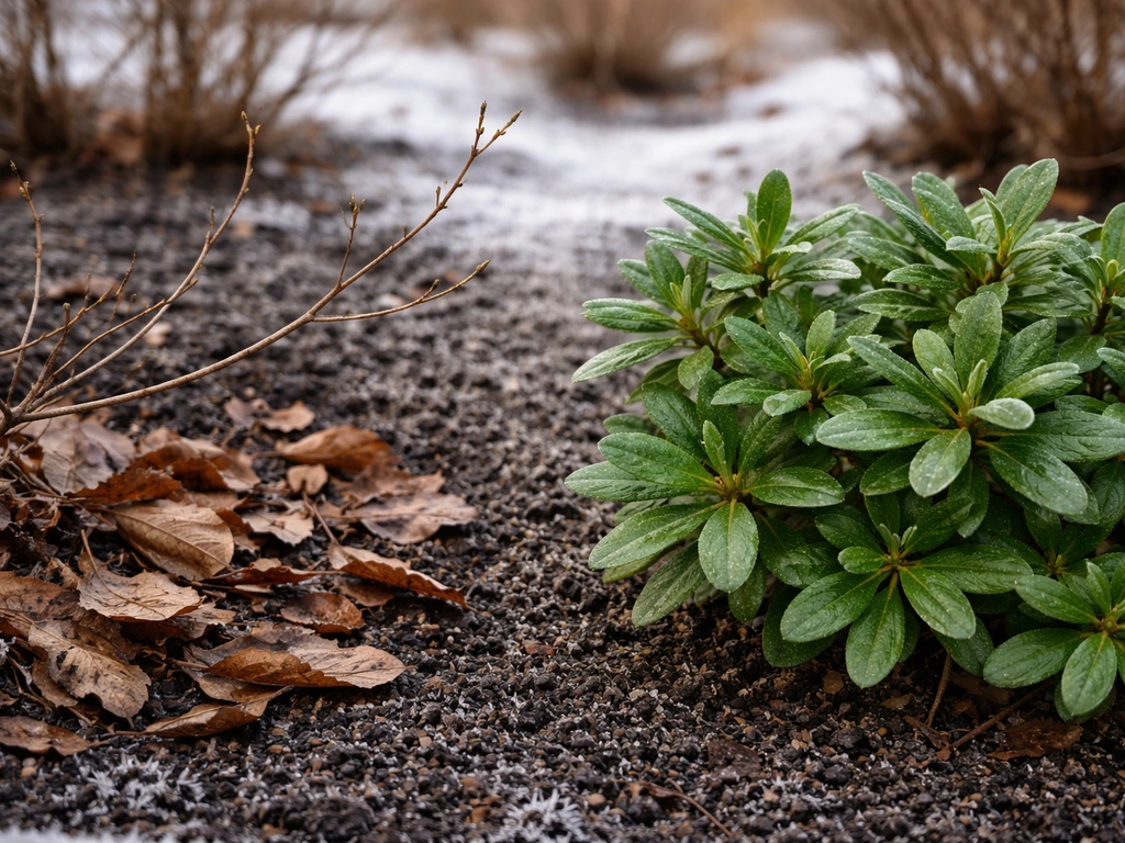 Side-by-side azalea branches: deciduous with fallen leaves and evergreen still green entering winter.