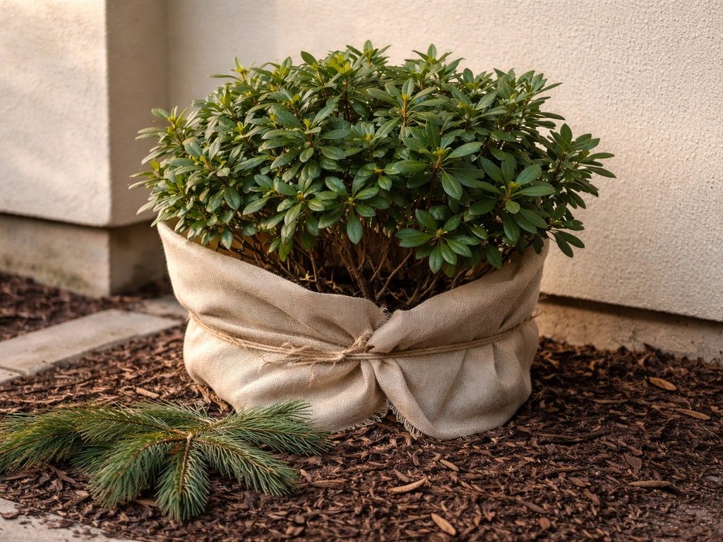Evergreen azalea shrub protected in a sheltered corner beside a south-facing wall with winter wrap