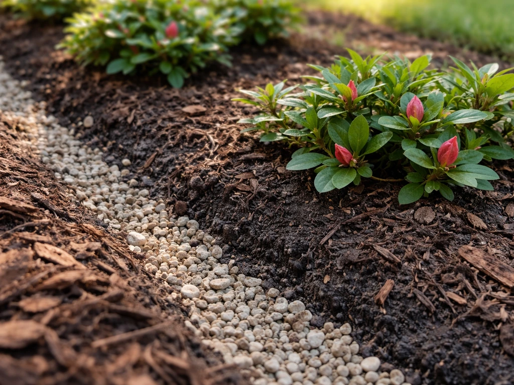 Close-up of an azalea planting bed with dark acidic soil, peat/cypress mulch, and drainage gravel edge.