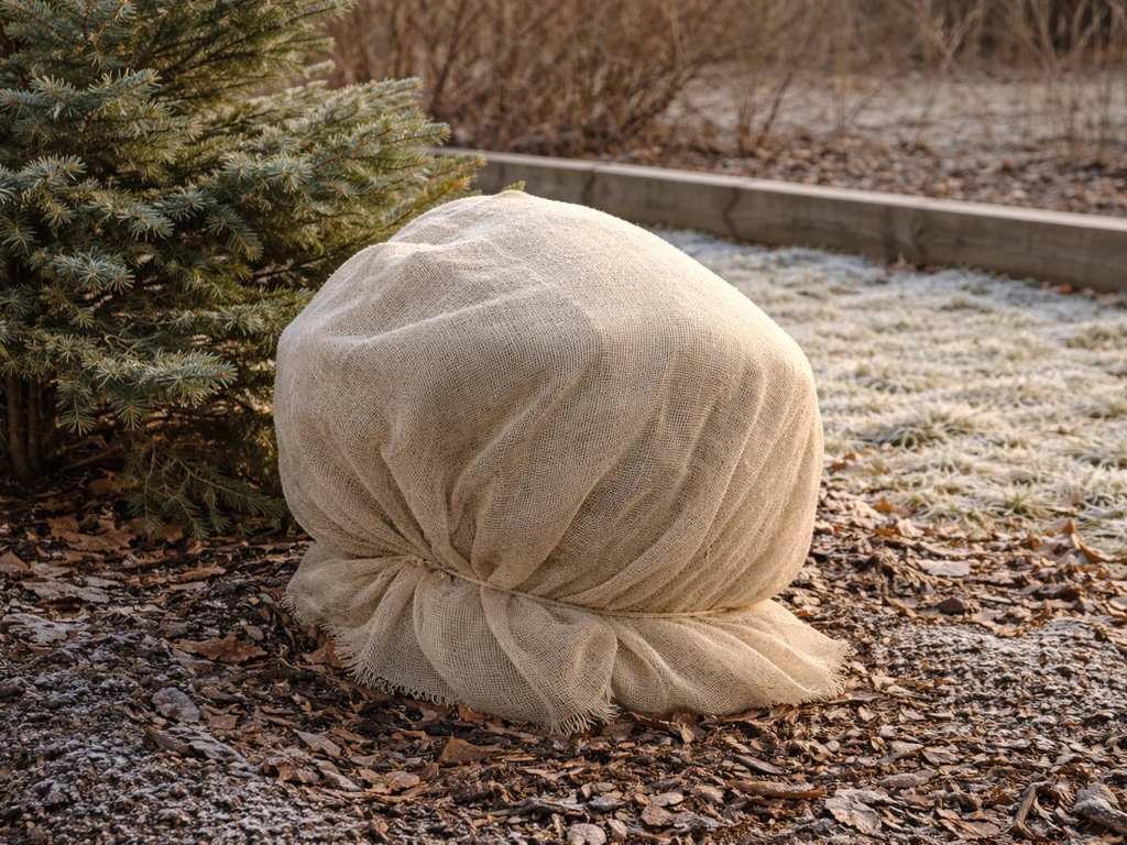 An azalea bush wrapped in breathable winter cover with burlap, protected by nearby evergreen windbreak.