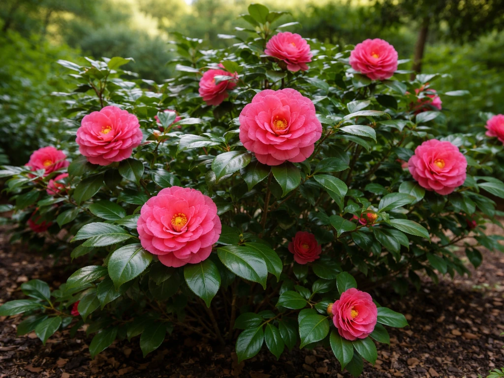 Camellia blooms and glossy evergreen leaves thriving in dappled shade within an acidic-soil garden bed