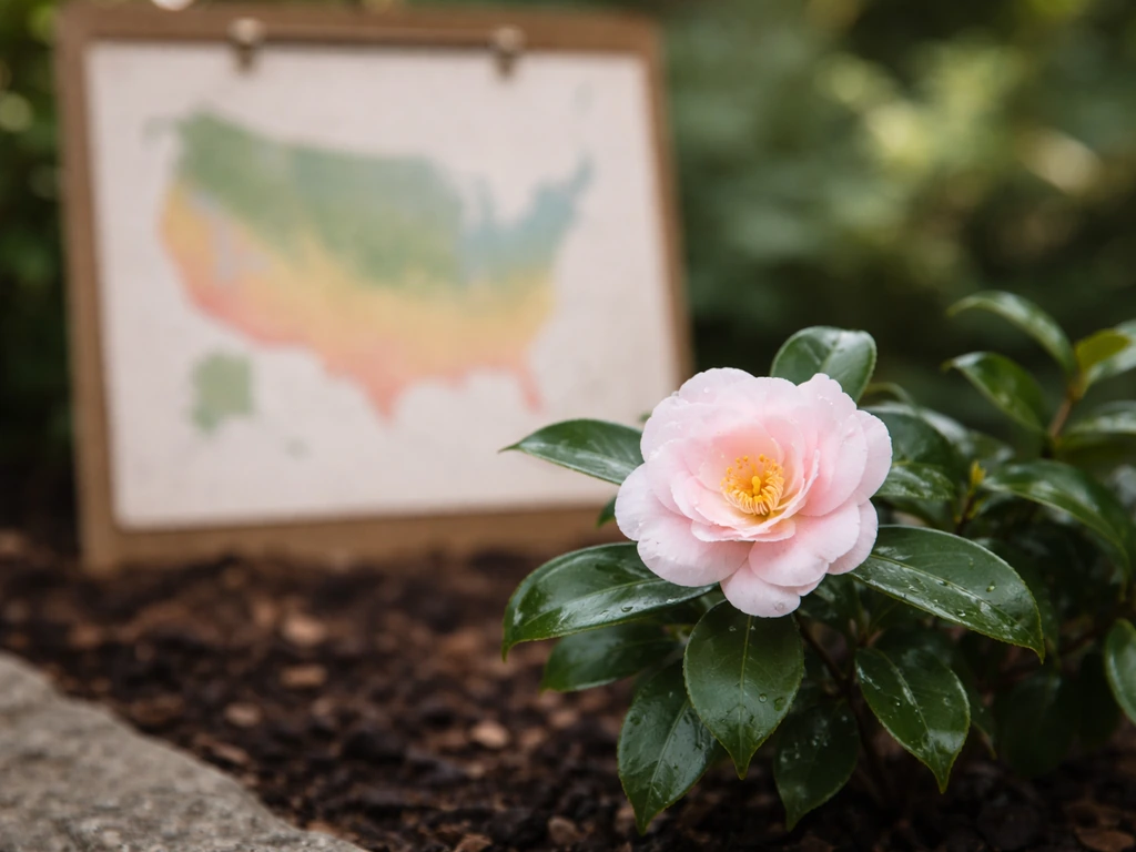 Camellia bloom in a garden with an out-of-focus, abstract zone-map background suggesting zones 7–9.