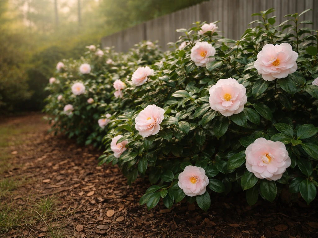 Blooming pale pink camellia hedge in a warm, humid garden with glossy leaves and morning light.