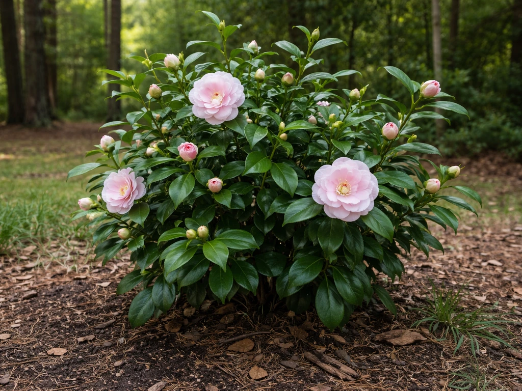 Lush camellia shrub in dark, damp mulch soil under partial shade, pale pink blooms in humid East Texas setting.