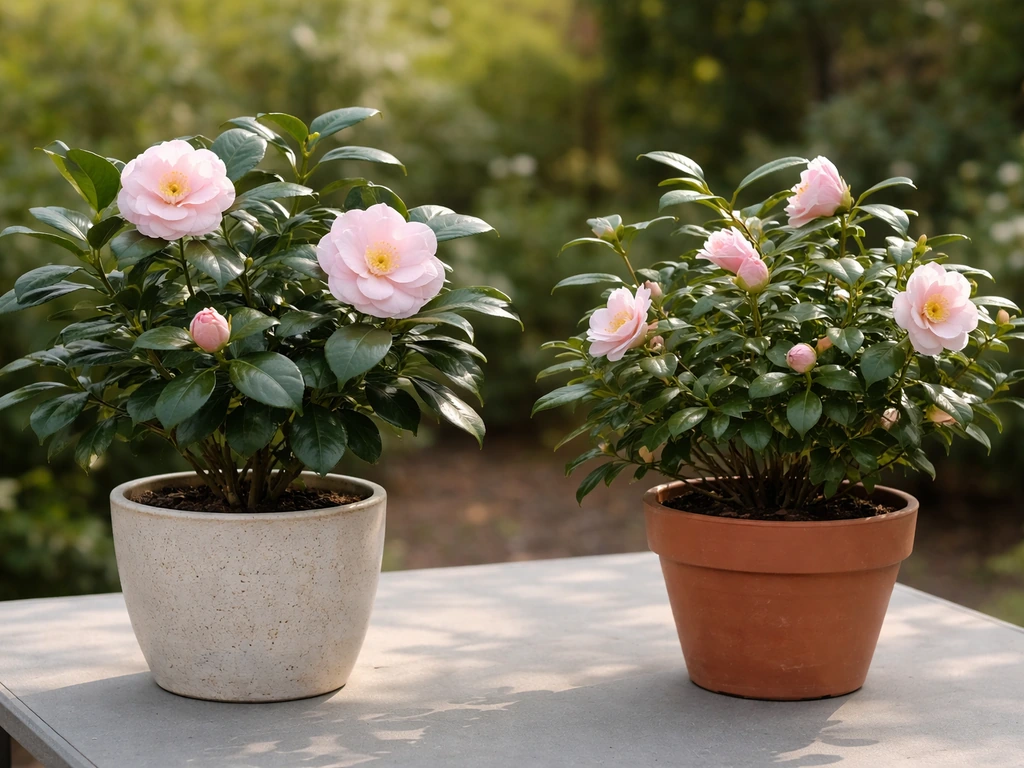 Two camellia pots with different foliage and blooms on a patio table in natural light.
