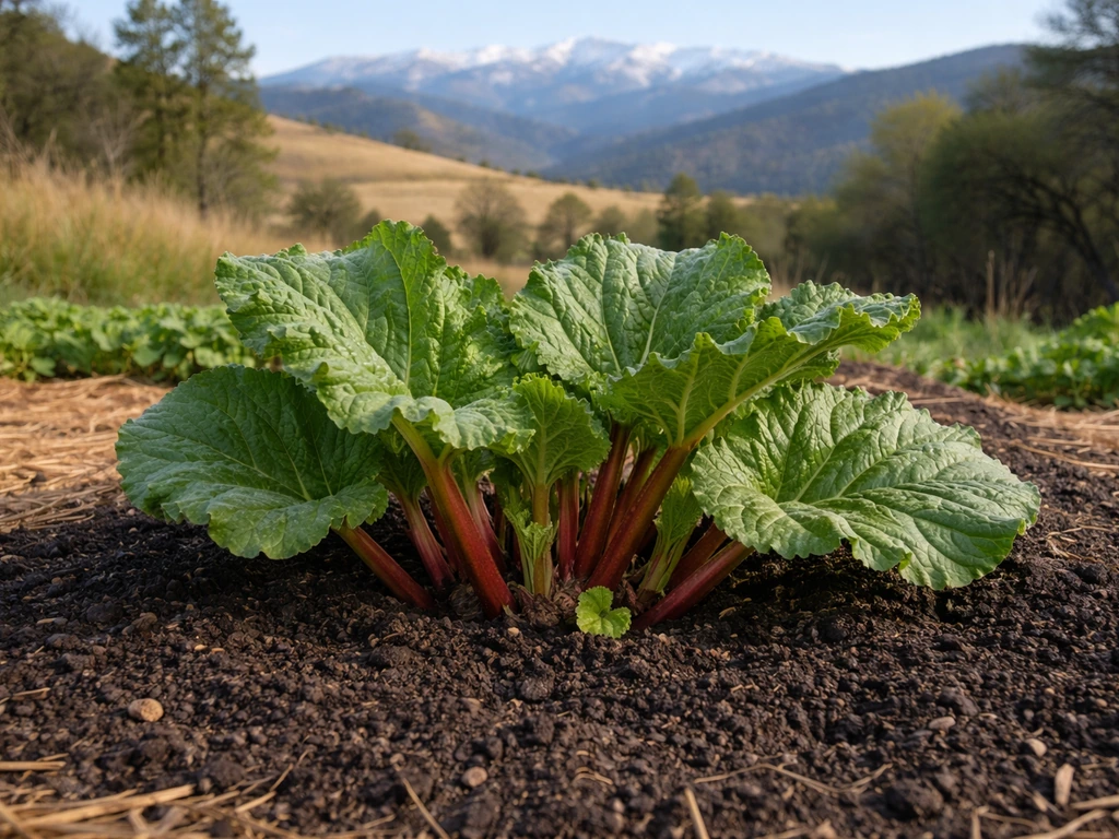 Rhubarb plants in a foothill garden with distant Sierra-like mountains under clear sky