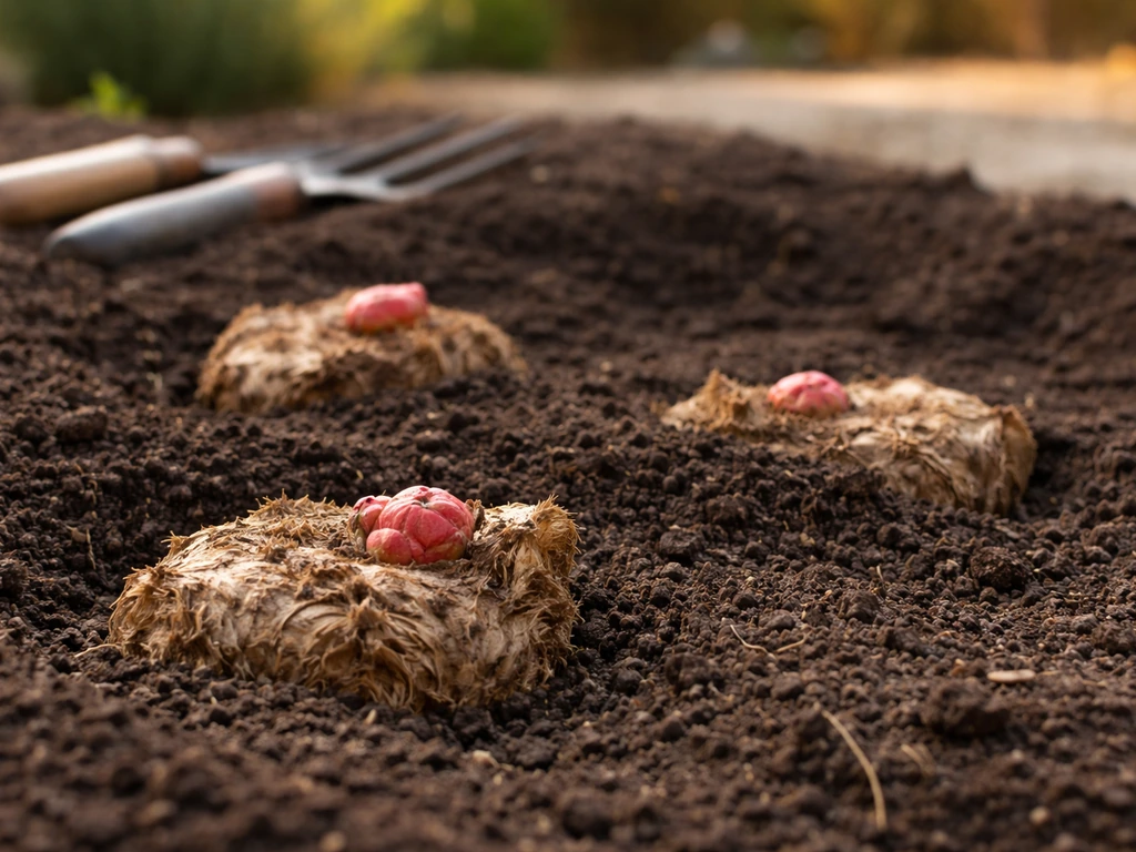 Rhubarb crown divisions in a prepared garden bed with buds just at the soil surface.