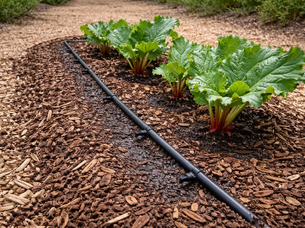 Mulched rhubarb bed with a drip irrigation line running along dry soil surface and slight moisture sheen.