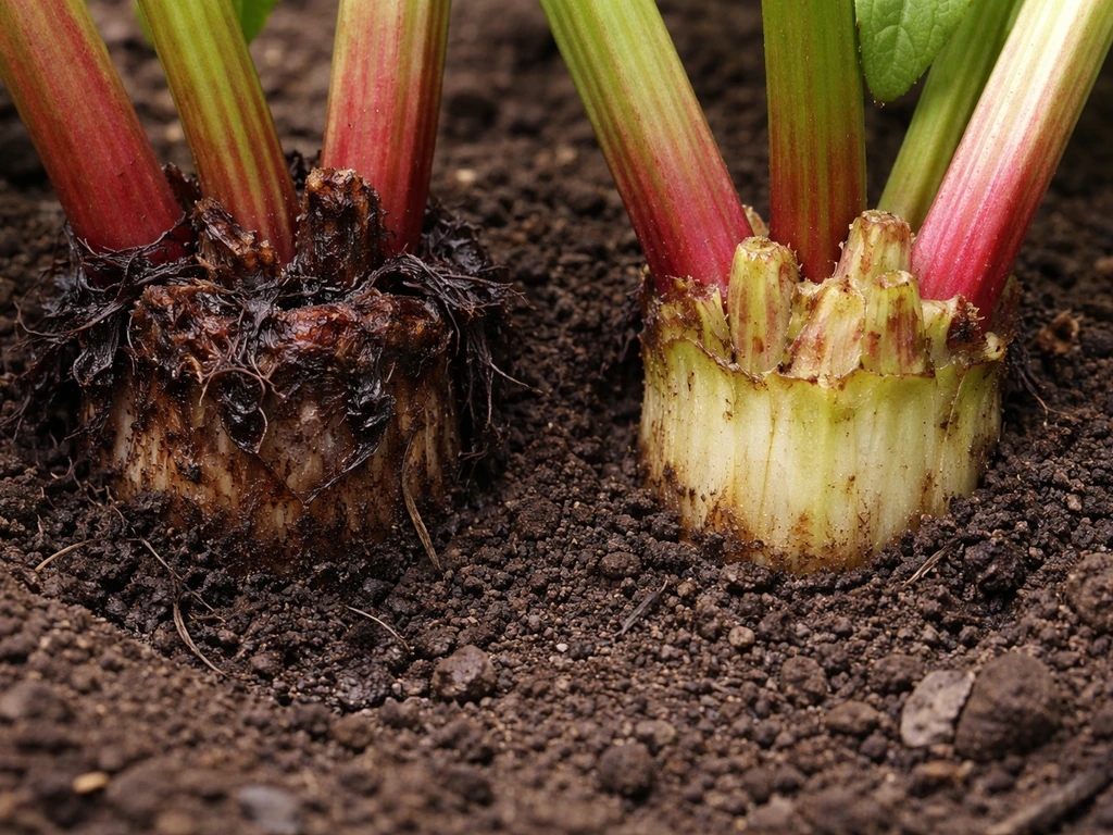 Split close-up of rhubarb crown base showing mushy collapse beside a firm healthy crown