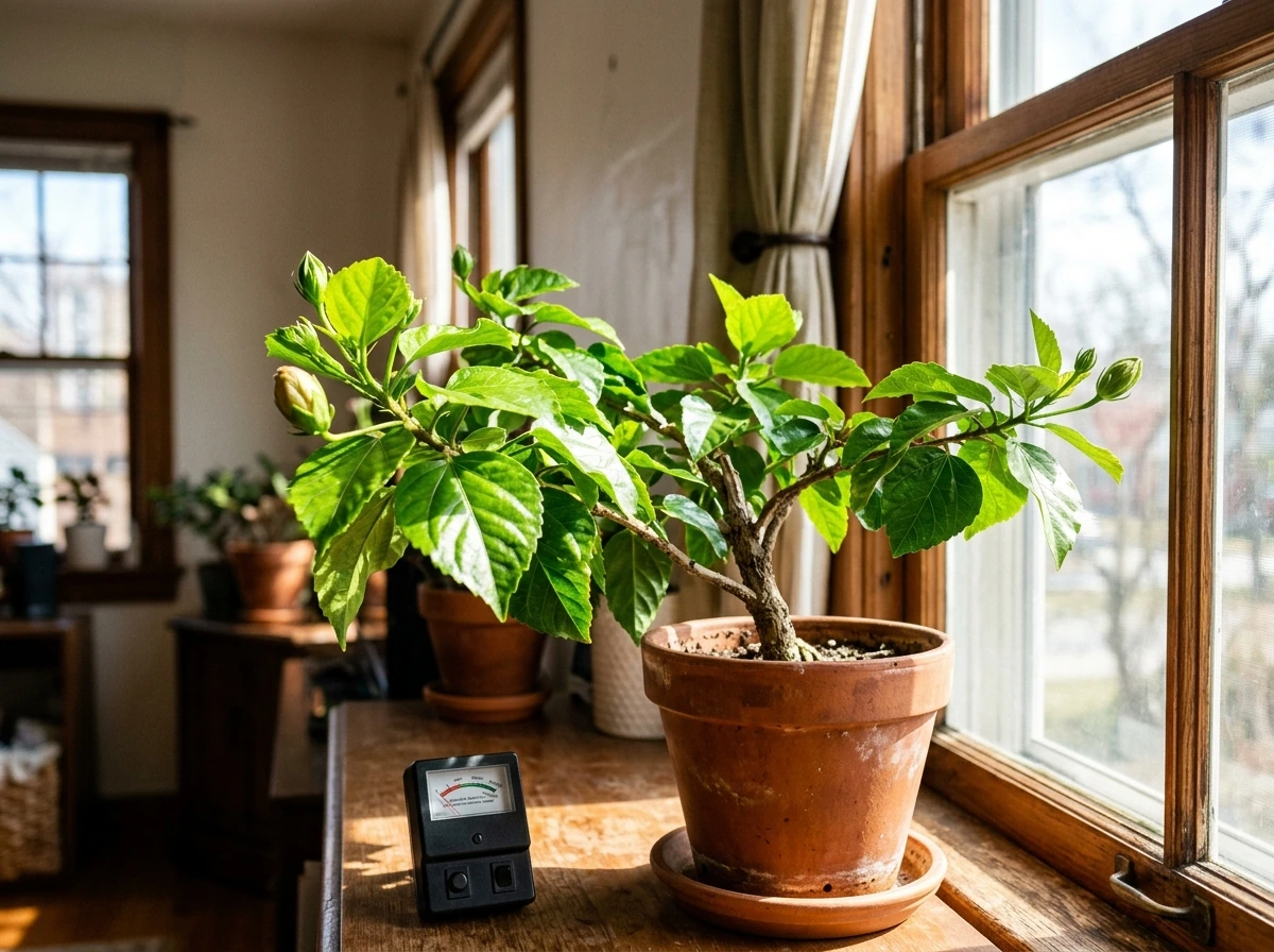 Tropical hibiscus positioned by a bright window for maximum light.