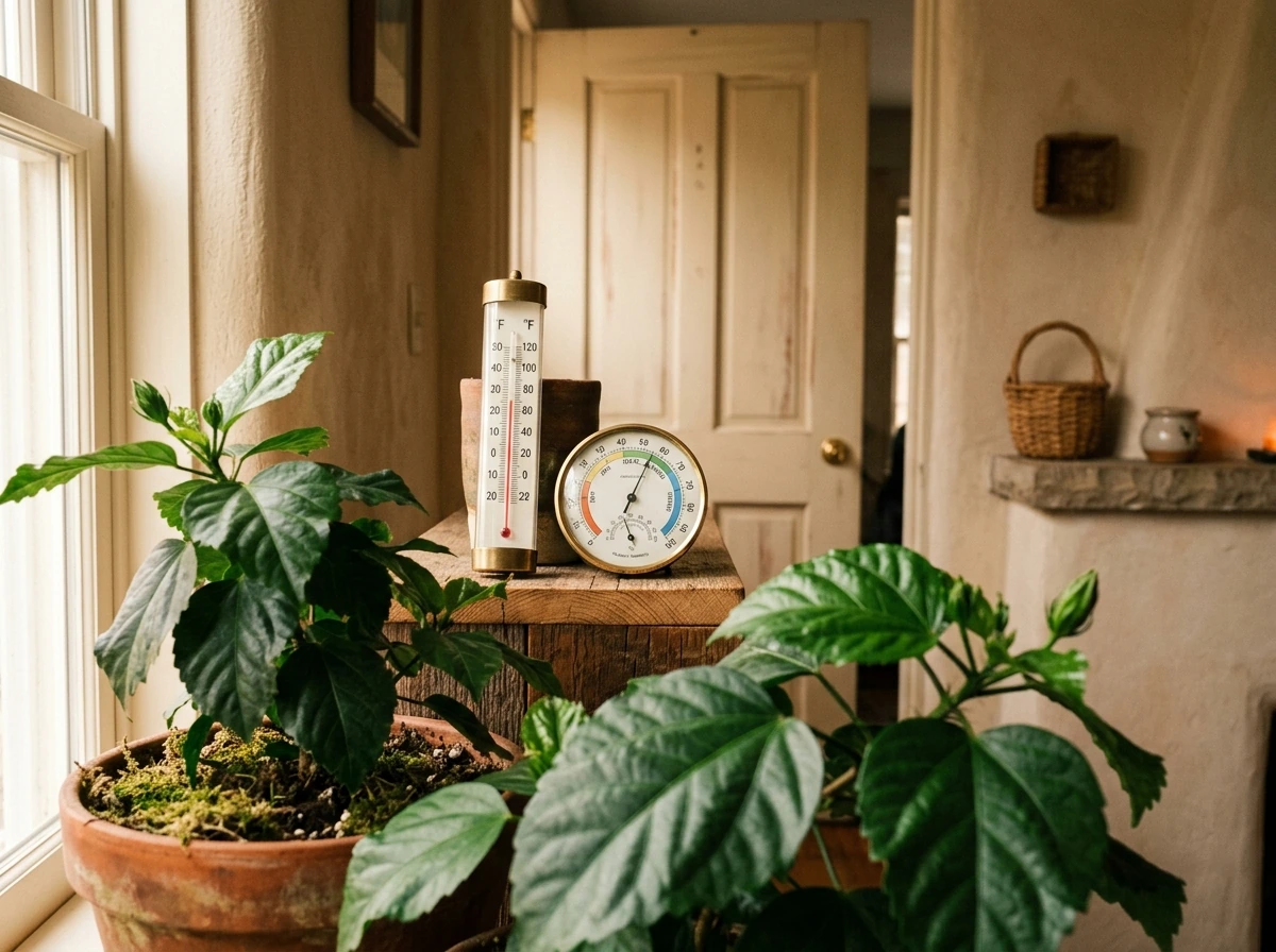 Thermometer and hygrometer near hibiscus to monitor warmth and humidity.