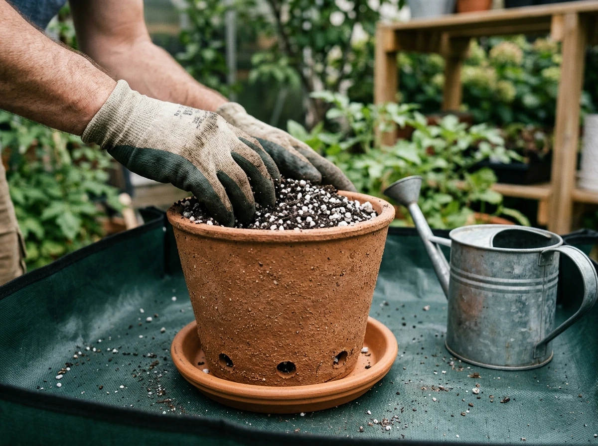 Pot and draining soil mix being prepared for indoor hibiscus.