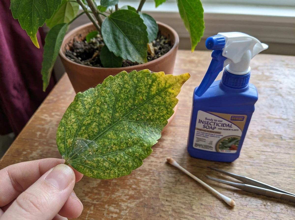 Damaged hibiscus leaf inspected and treated for common indoor pests.