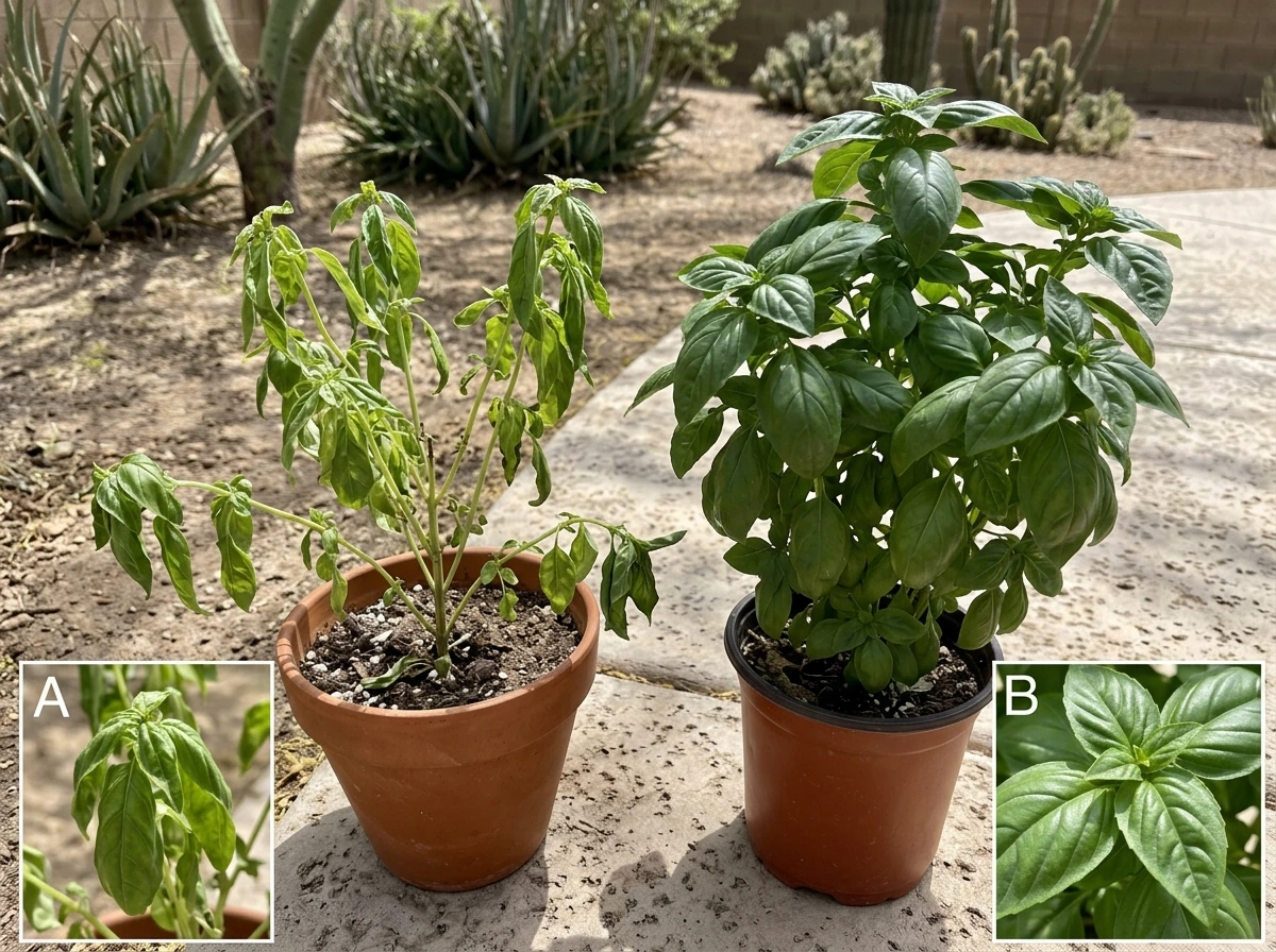 Side-by-side basil varieties showing which holds up better in Phoenix heat