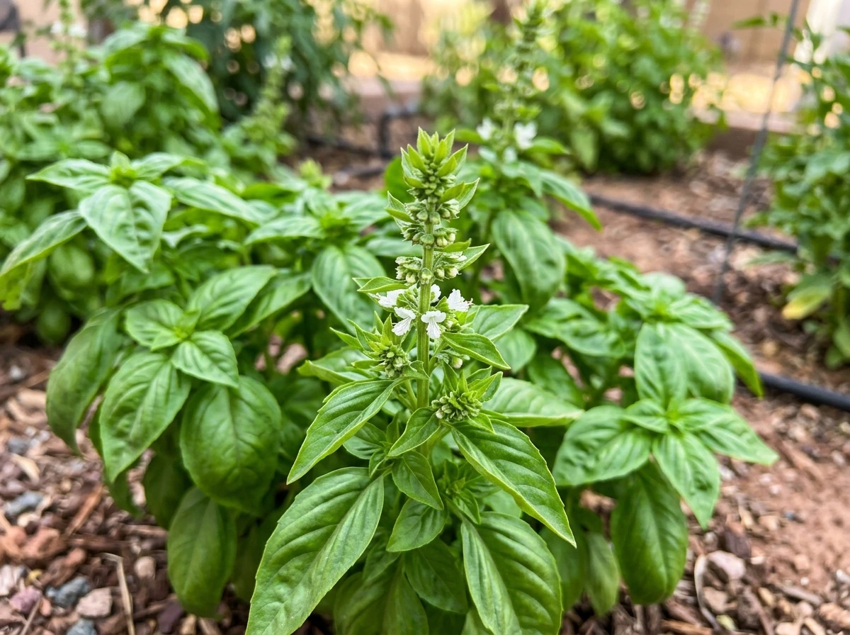 Basil bolting with visible flower spikes in Phoenix heat