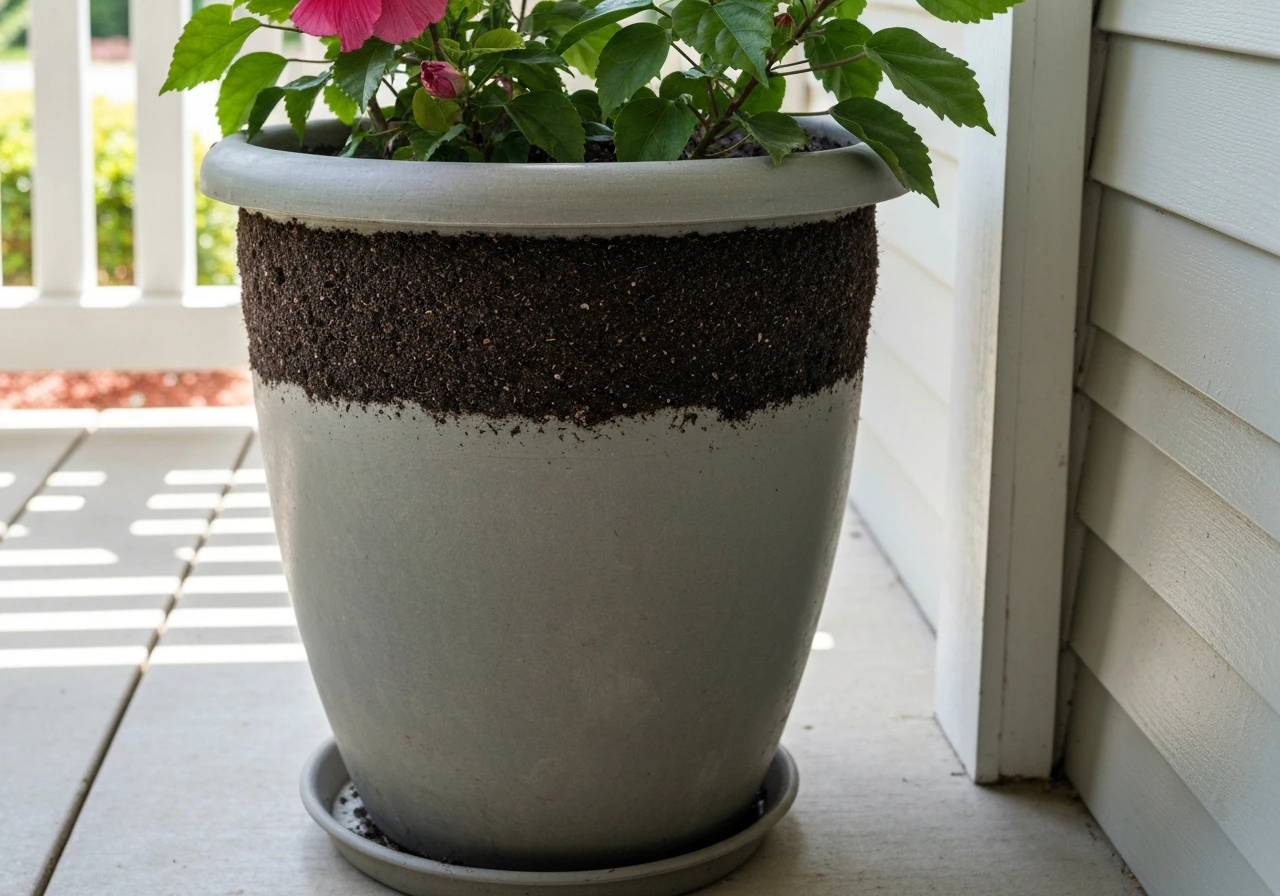 Large hibiscus container on a patio with visible tropical potting mix and saucer setup.
