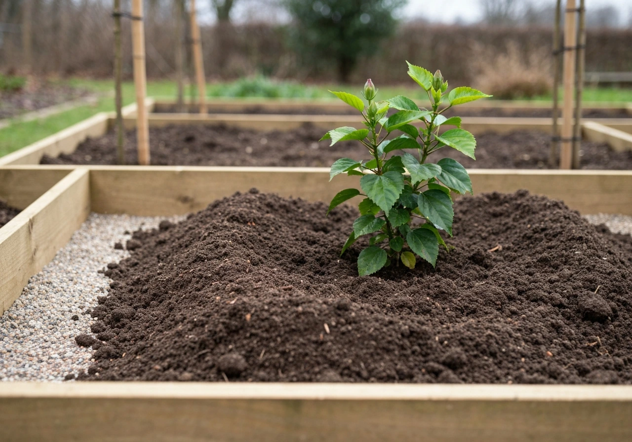 Close-up of a hibiscus planted in a raised, well-draining bed with amended soil and gravel drainage