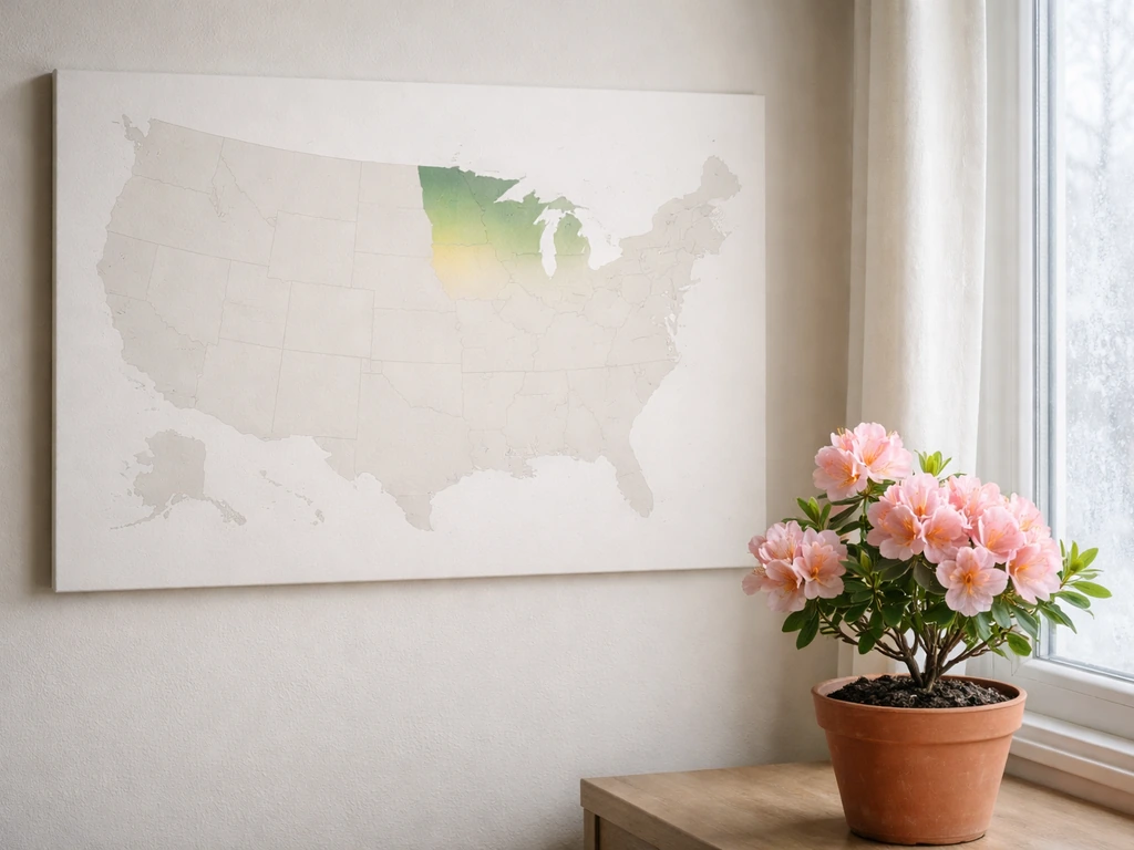 Minimal map view with Minnesota highlighted and a potted cold-hardy azalea in front.