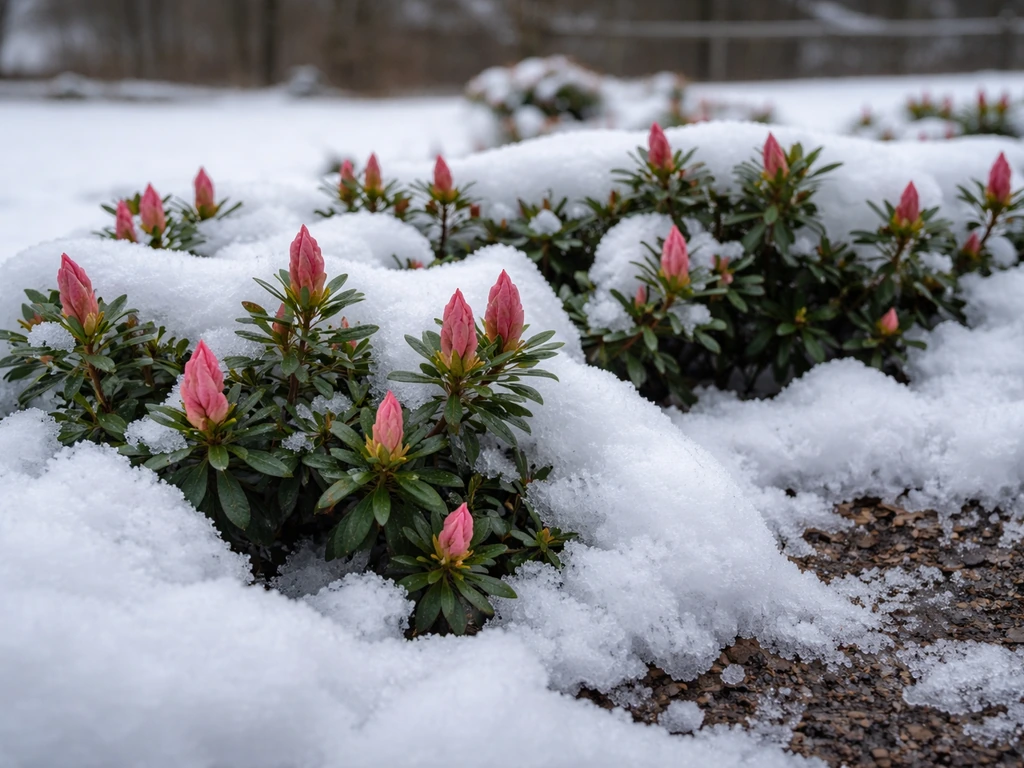 Azalea bed in snowy Minnesota winter with ice-crusted thaw spots around the plant bases