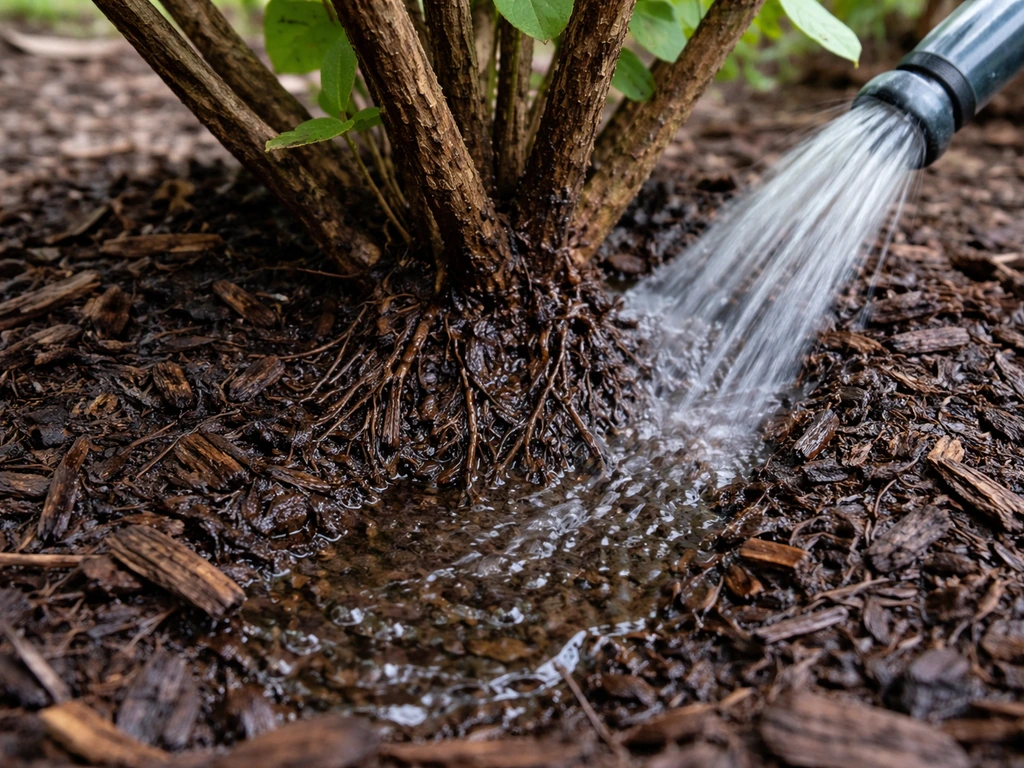 Close-up of azalea roots with mulch and a gentle watering stream soaking the soil