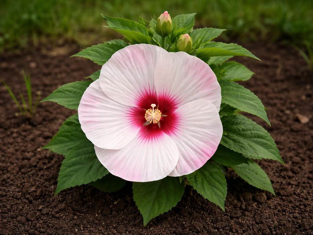 Close-up of hardy hibiscus blooms in summer soil, with fresh green leaves and soft background blur.
