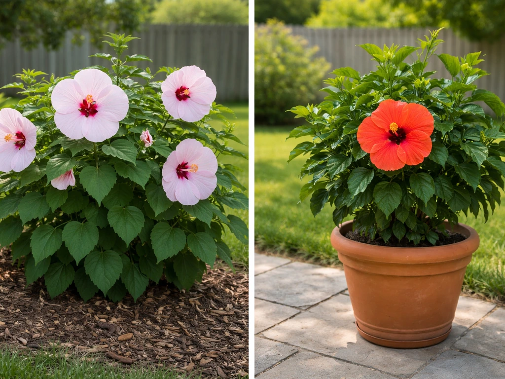 Left hardy hibiscus in garden soil, right tropical hibiscus in a container, side-by-side in daylight.