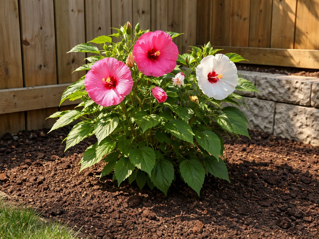 Hardy hibiscus in sunny, well-drained soil near a fence/wall for wind protection.