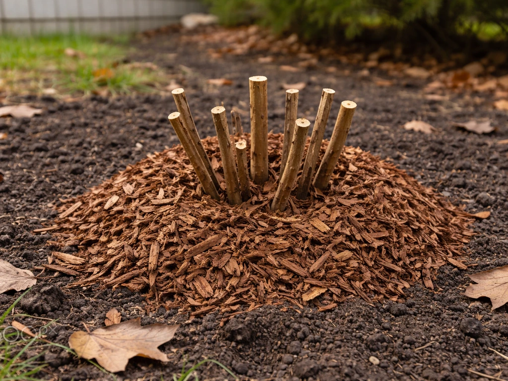 Hardy hibiscus stems cut back and a layer of mulch protecting the base after frost