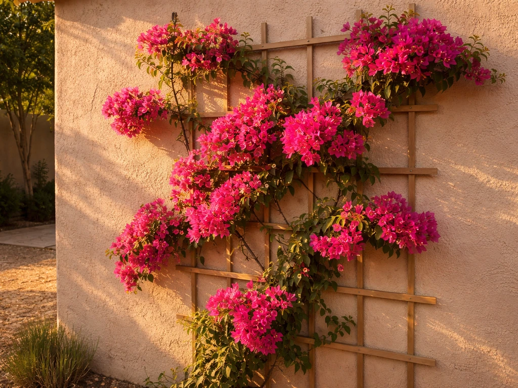 Bougainvillea with vivid magenta bracts climbing a sunlit trellis in a warm backyard wall