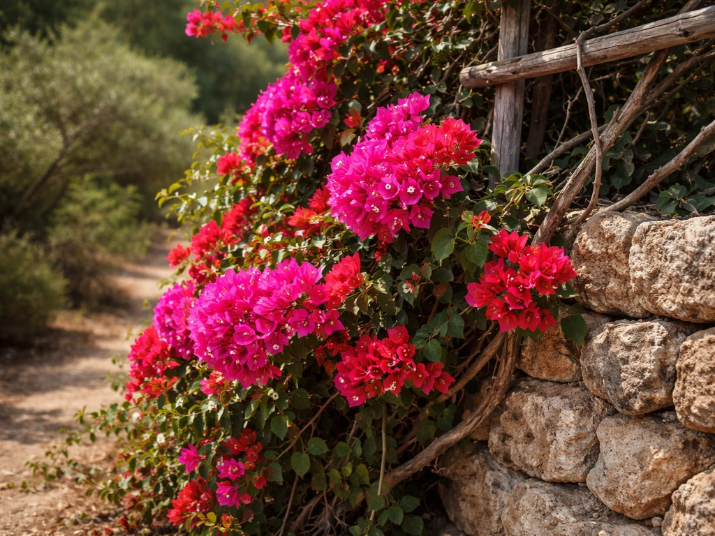 Native bougainvillea vines with bright magenta bracts climbing a stone wall in sunny outdoor habitat