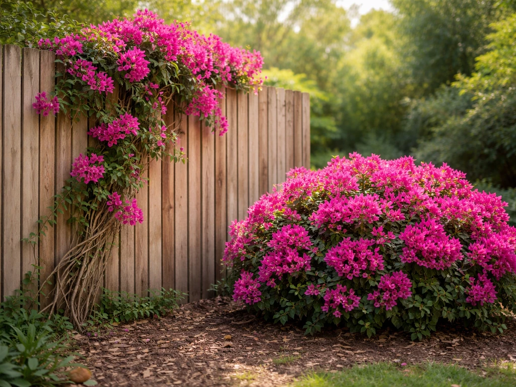 Bougainvillea vine trained up a fence beside a second shrub-like bougainvillea in soft garden light