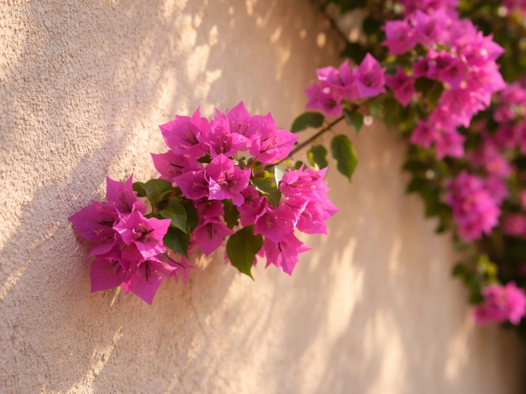 Bougainvillea thriving in full sun beside a sunlit stucco wall, with vivid bracts and green leaves.