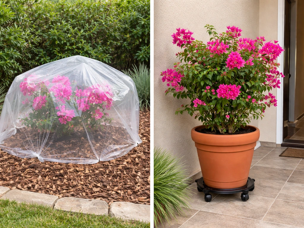 Side-by-side bougainvillea in-ground frost cover vs potted bougainvillea on a patio ready to move indoors.