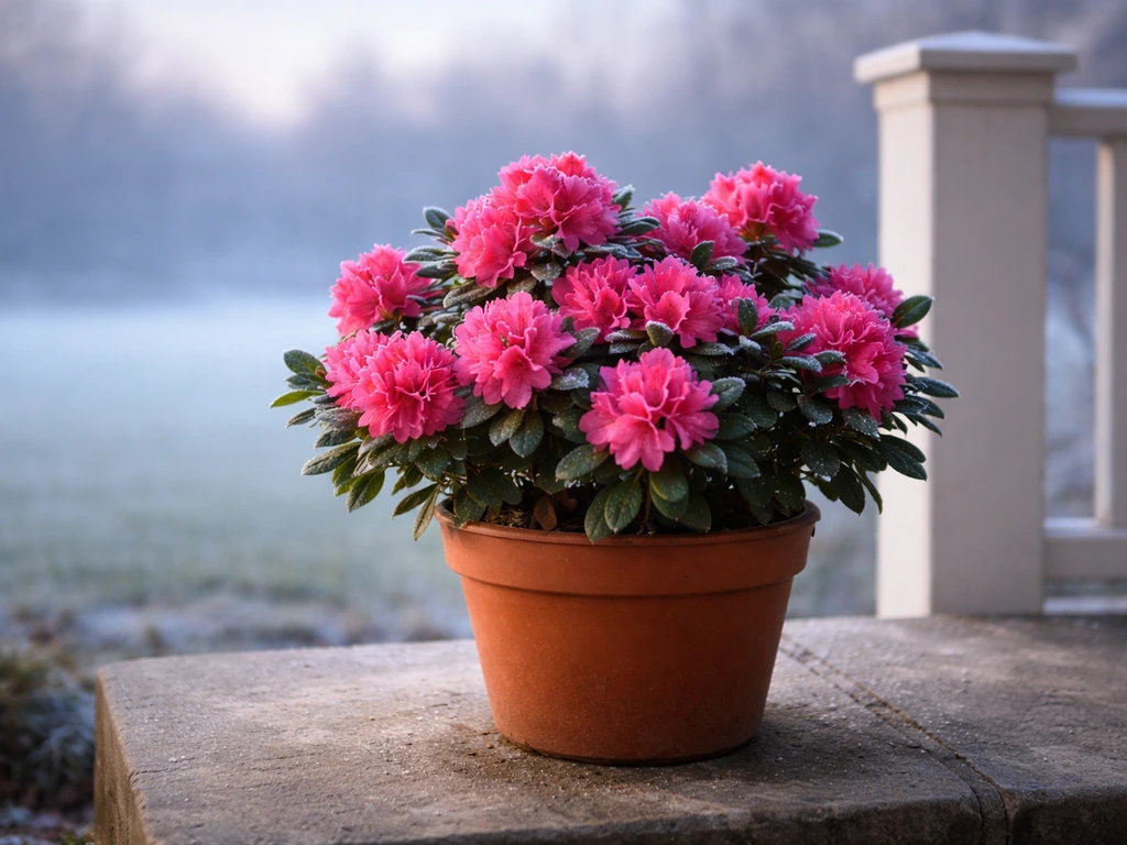 Minimal scene with potted azalea outdoors at dusk, with soft Illinois-inspired color wash in the background