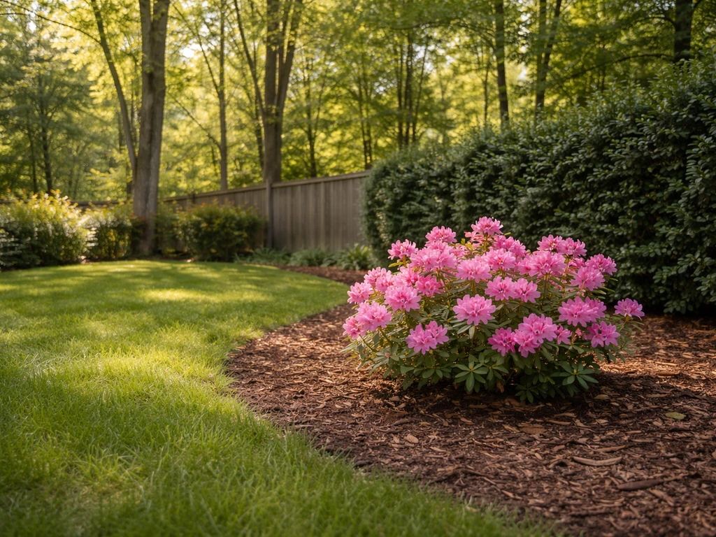 Azalea planted in dappled shade with morning light and a nearby fence/hedge windbreak.