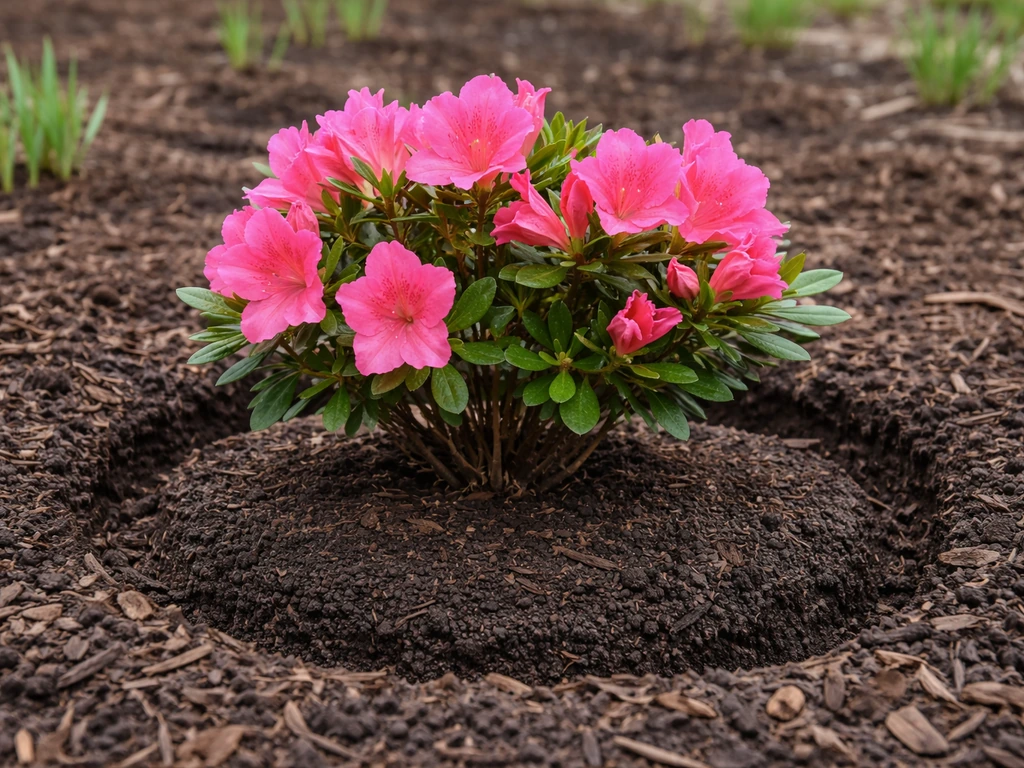 Azalea planted at correct depth with root flare at/above soil and mulch visible around the base.